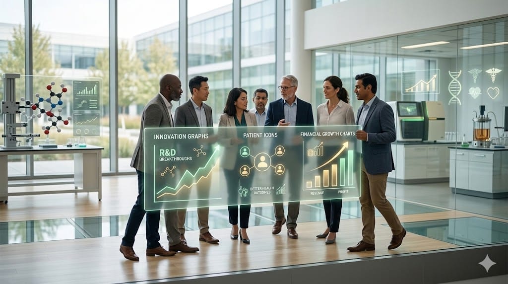 Diverse pharmaceutical leadership driving innovation, patient care, and business growth in healthcare research environment