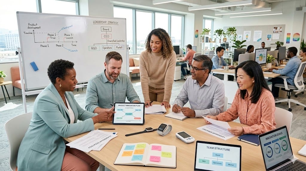 Diverse leadership team in a medical device company collaborating around a workspace with product prototypes and strategic planning materials.