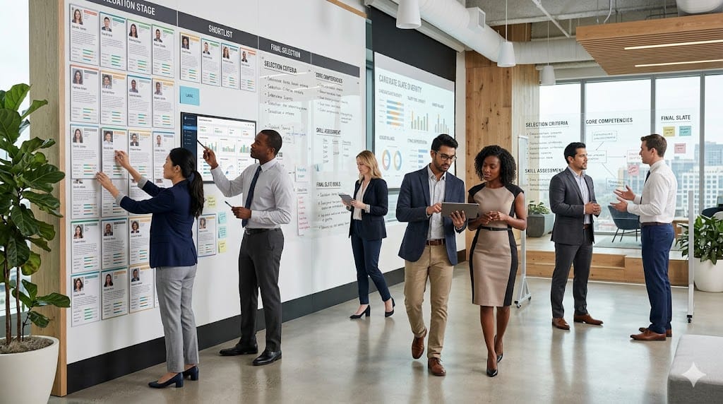 Recruitment team building a diverse candidate slate using visual profiles and data insights in a modern collaborative workspace