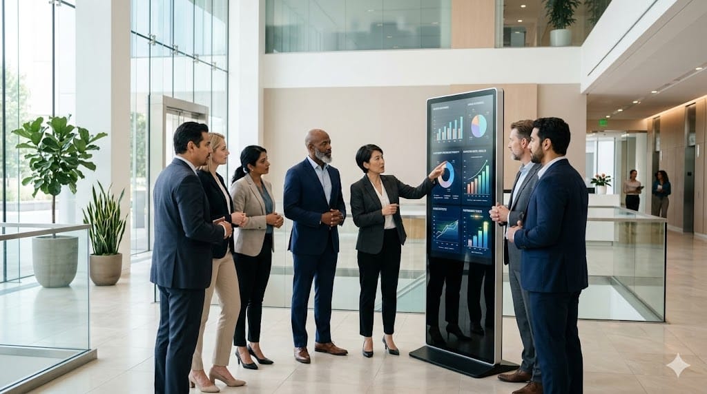 Diversity in pharmaceutical leadership with multicultural executive team reviewing performance metrics in modern headquarters