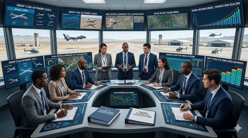 executive recruiters interviewing C-suite leaders for unmanned systems companies, with candidates reviewing autonomous swarm algorithms, FAA certification roadmaps, and $1.2B DoD UAS contracts during evaluations in a secure drone technology innovation center overlooking UAV test ranges.