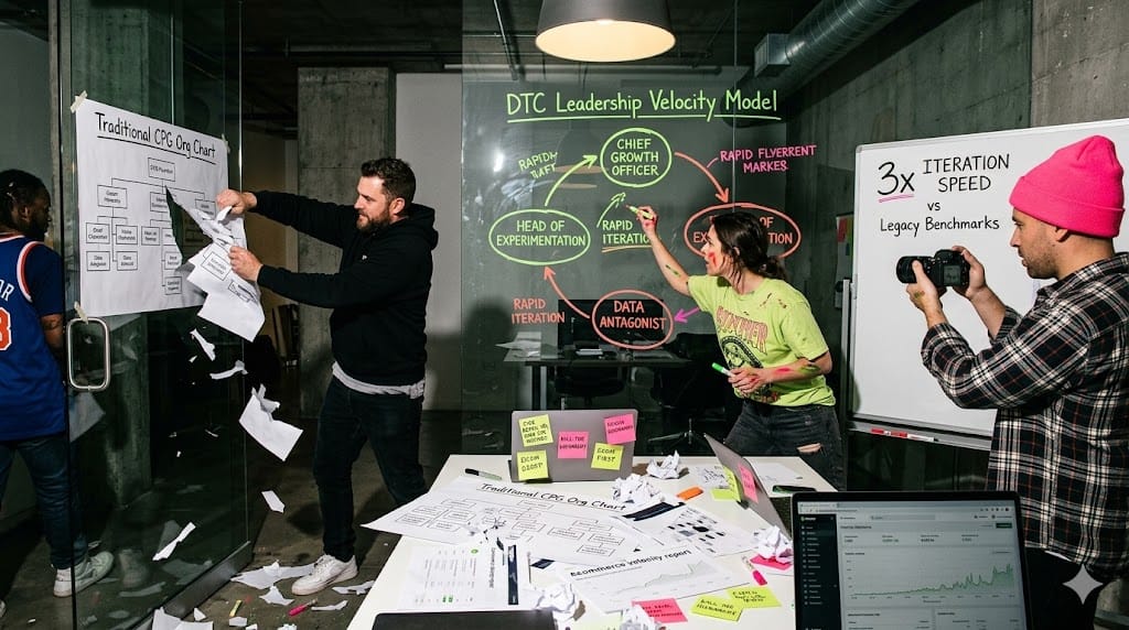High-energy war room where DTC CPG founders rip apart traditional org charts while building agile leadership structures on glass walls, contrasting "Legacy CPG Hierarchy" (rigid boxes) vs "DTC Velocity Model" (fluid circles) with metrics showing 3x faster product iteration and 47% higher customer retention.