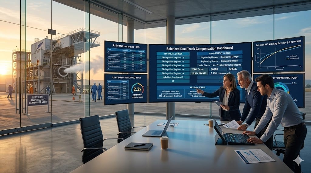 aerospace HR leaders implementing dual-track compensation structures ensuring equitability, showing technical/management ladders with parity in equity grants, bonus structures, and mission-critical retention incentives balanced across career paths.