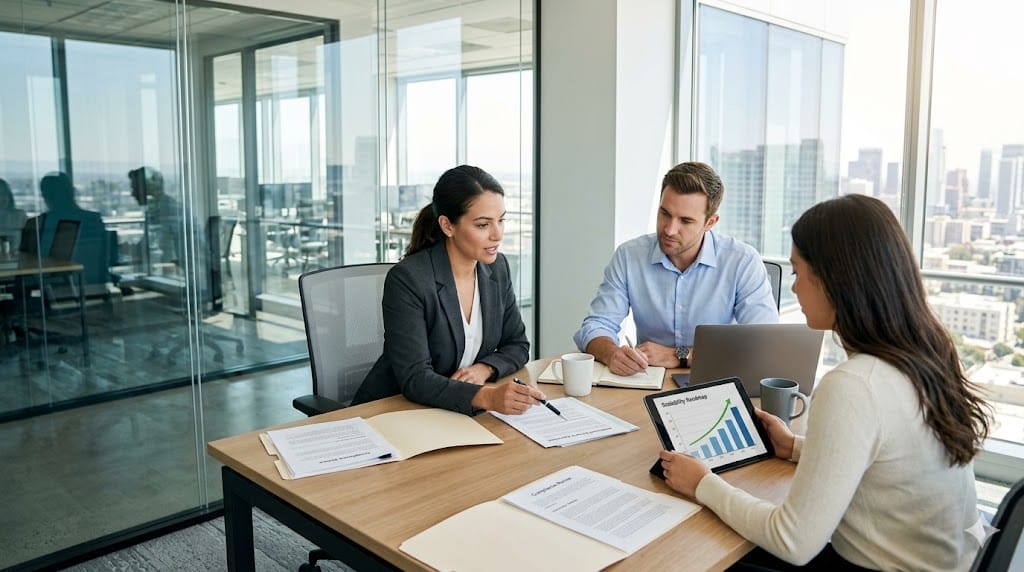 Business leaders and legal counsel collaborating early in a company’s growth phase, highlighting the value of in-house counsel for portfolio companies.