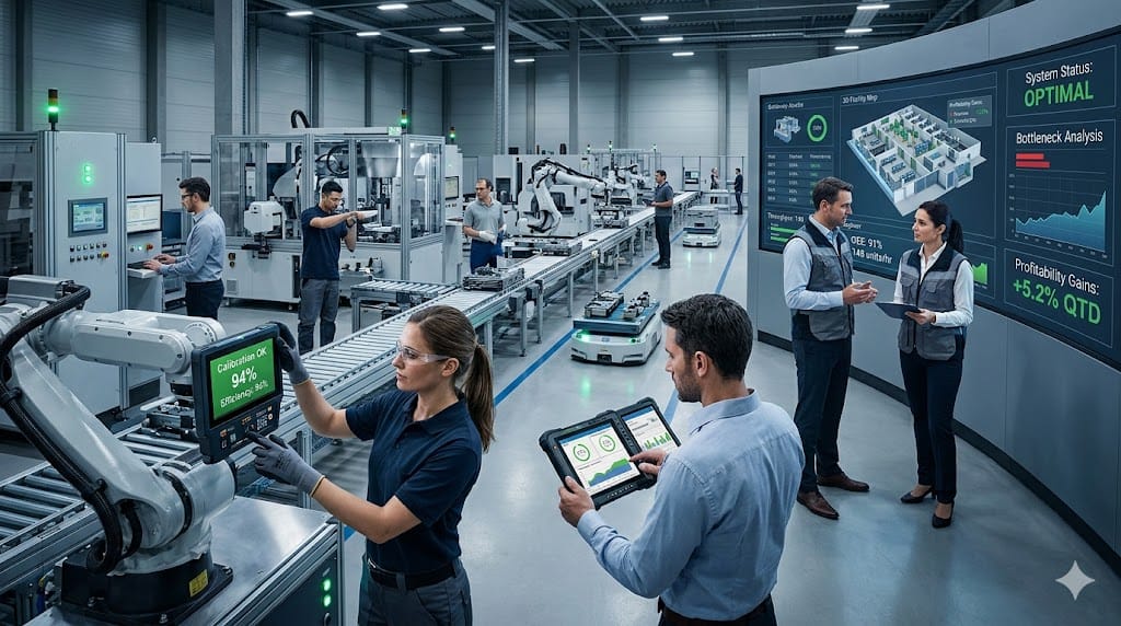 A cross-functional team optimizing interconnected systems in a high-efficiency operations environment, illustrating EBITDA growth driven by operational leverage