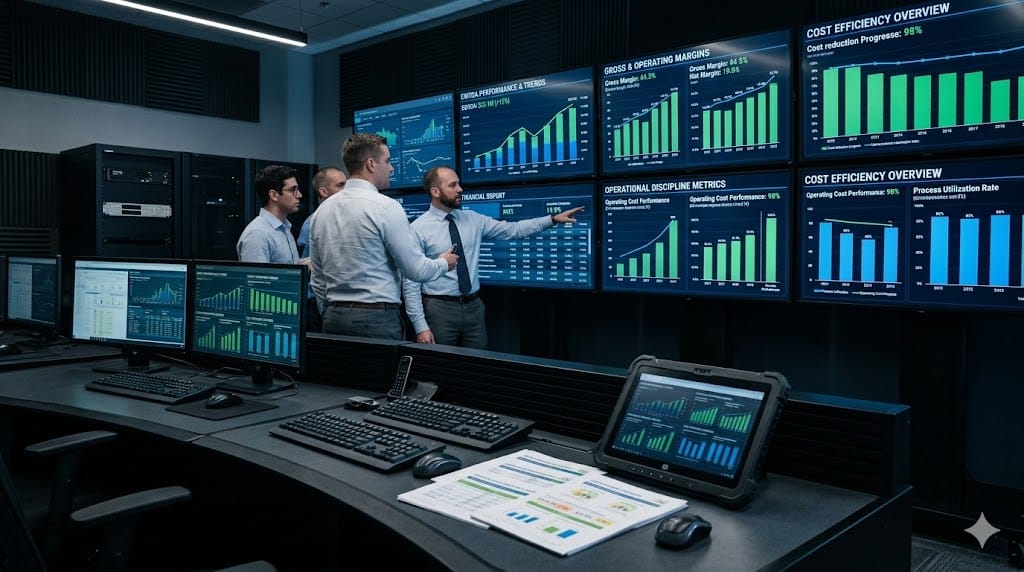 Operations and finance leaders analyzing performance metrics and margin charts on large monitoring screens