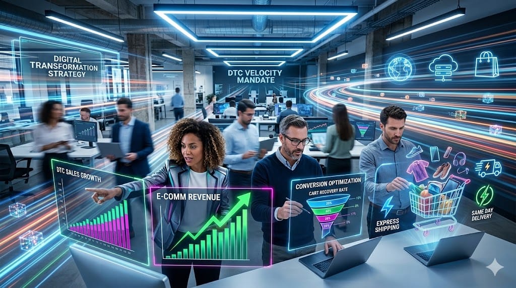 Energetic scene of a diverse e-commerce team accelerating DTC growth, with laptop screens showing skyrocketing sales graphs, mobile shopping carts, and direct-to-consumer product packages speeding along digital highways. 