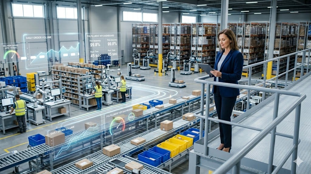 Supply chain executive reviewing e-commerce fulfillment operations with conveyor belts, packages, and warehouse automation in modern distribution center