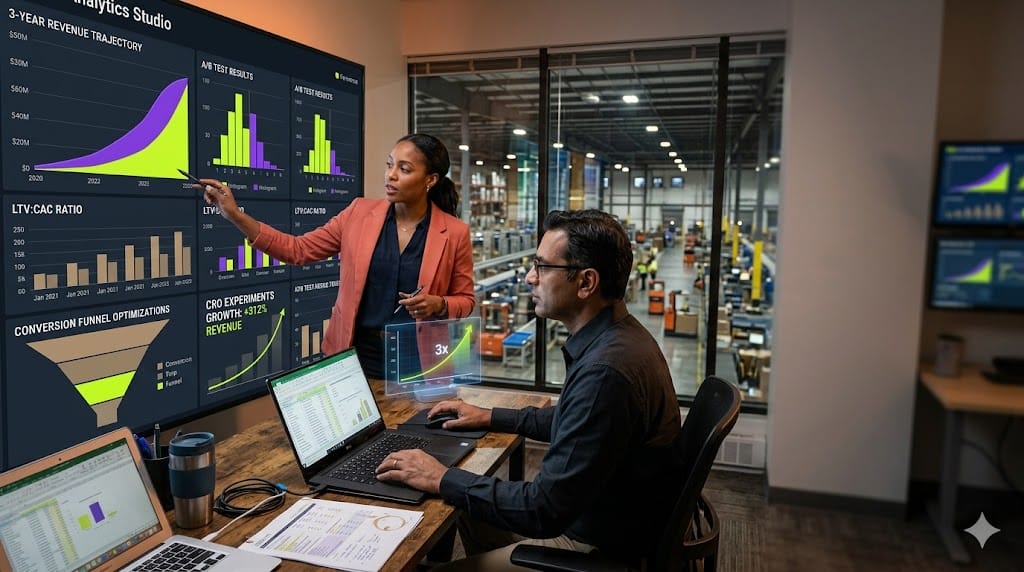 e-commerce executives reviewing revenue growth charts and performance track records in a modern digital strategy office.