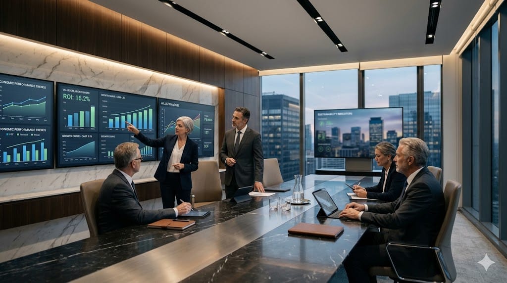 Business executives evaluating financial performance and value creation strategies using advanced analytics dashboards.