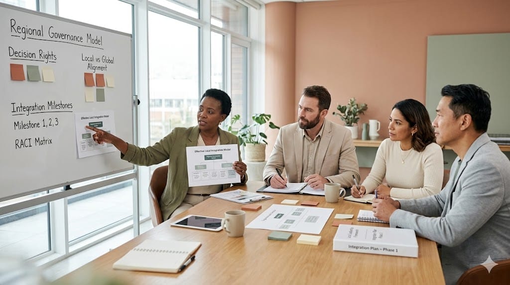 Diverse regional leadership team collaborating around a strategy table with organizational charts and integration planning documents in a bright, modern office setting.