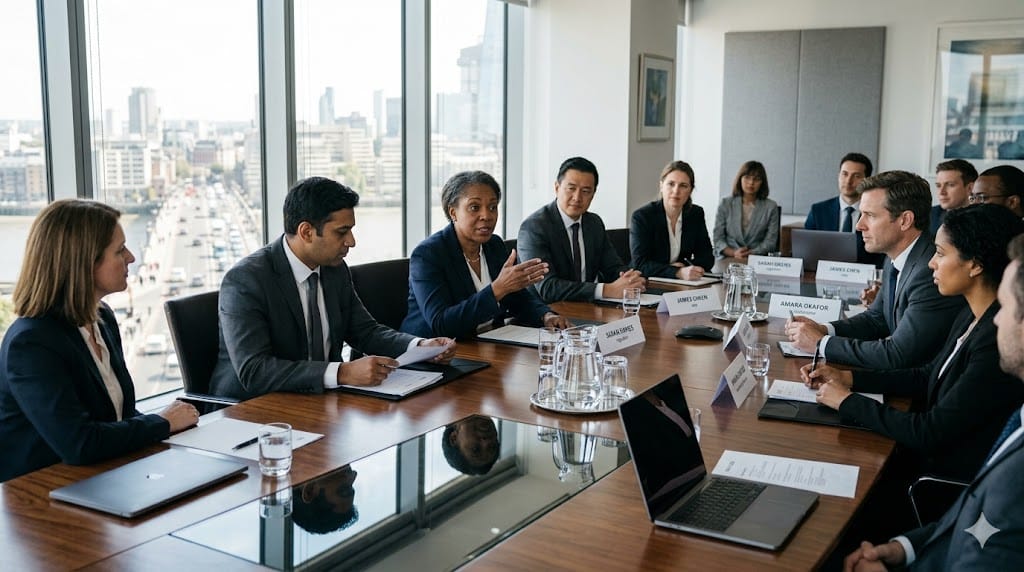 Corporate executives in a formal boardroom engaging in a strategic discussion with government regulators, symbolizing effective regulator engagement.