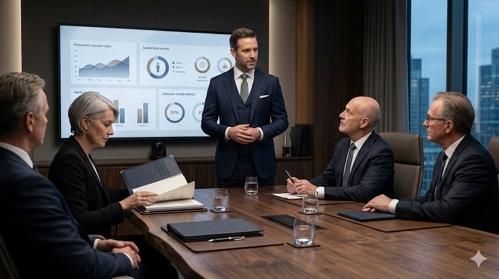 Senior executives evaluating an elite executive search partner based on performance metrics and proven track record in a corporate setting