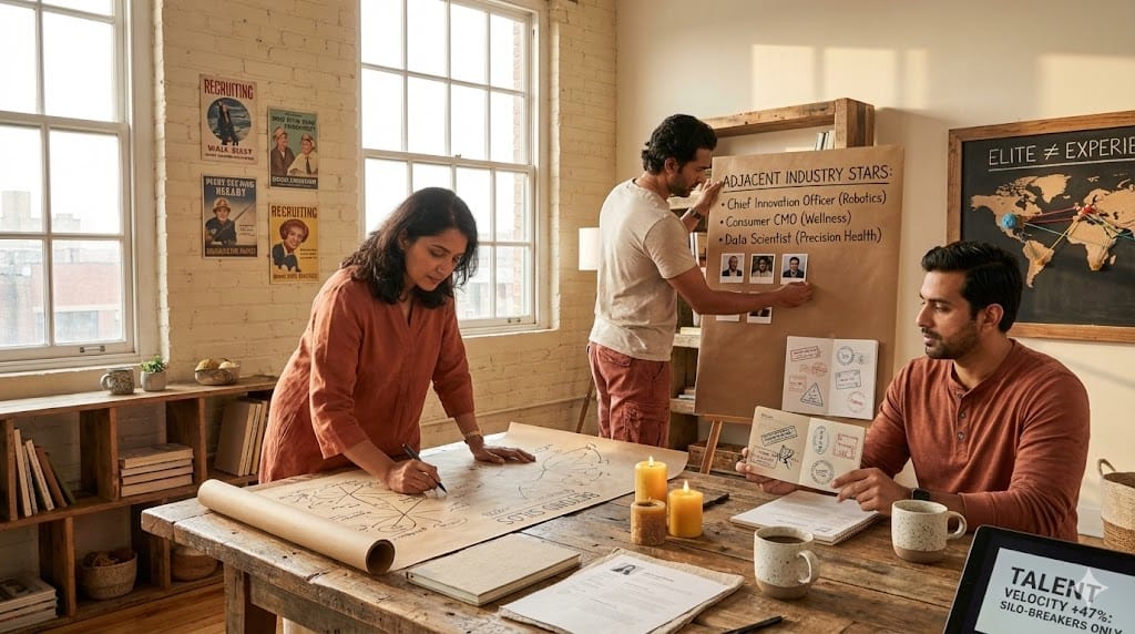 Executive recruiters mapping non-traditional talent pools beyond pharma silos in sunlit loft office—global network diagrams on kraft paper connect adjacent industries amid candidate passports and craft coffee during realistic sourcing strategy session.