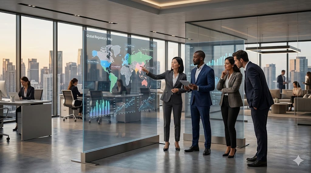 Futuristic corporate workspace with executives analyzing global regulatory trends on digital screens, symbolizing emerging regulatory frontiers.
