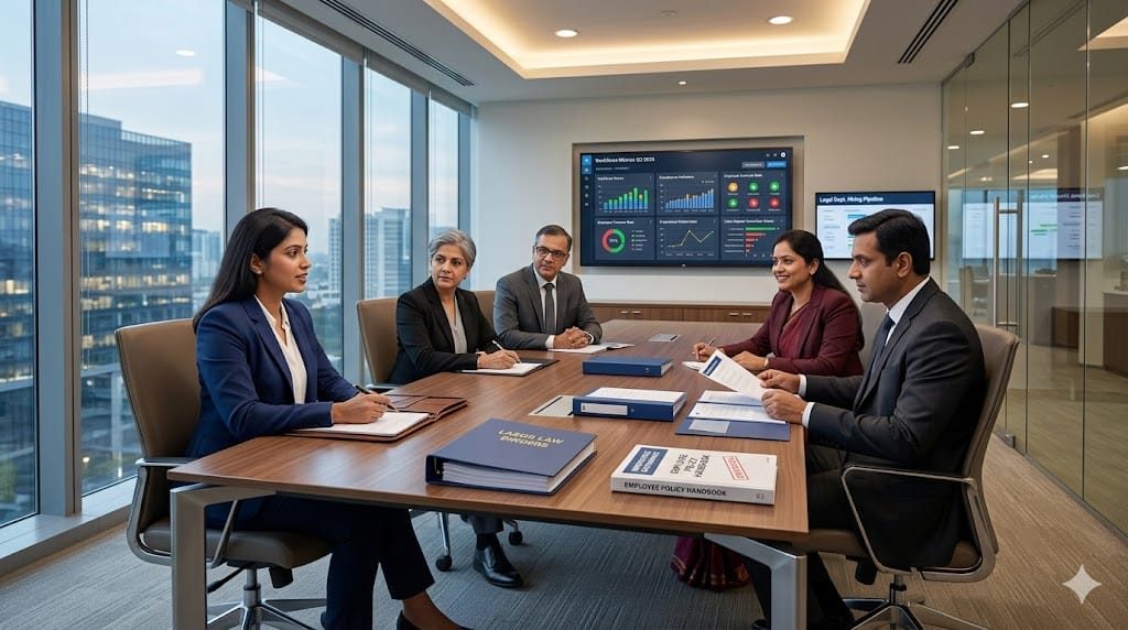 Corporate HR leaders and legal executives interviewing an employment law attorney in a modern office setting.