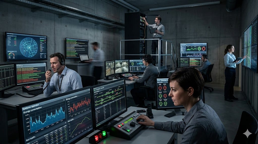 A team of professionals independently driving critical decisions in a high-pressure operational environment, illustrating empowered execution