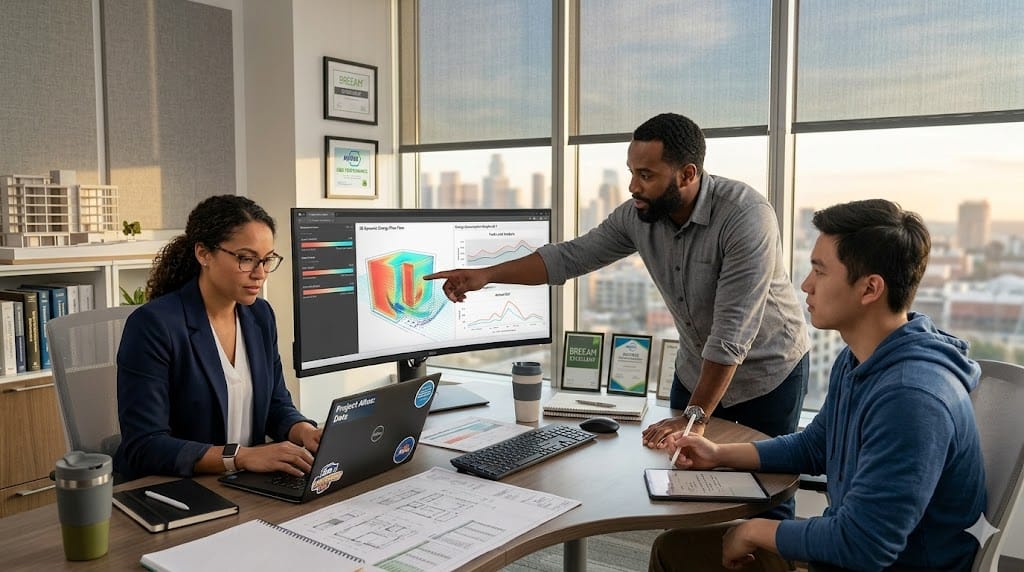 engineers analyzing energy modeling simulations and performance guarantee contracts in a modern sustainable design office.