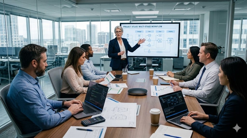Engineering executive leading cross-functional team meeting with multiple departments
