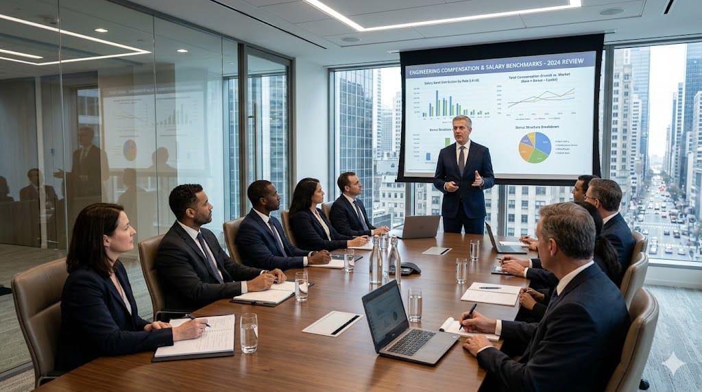 Executive presenting compensation benchmarks to senior engineering leaders in boardroom