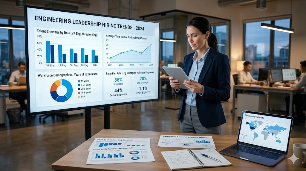 business analyst reviewing engineering hiring statistics and talent shortage charts on large screen in modern office