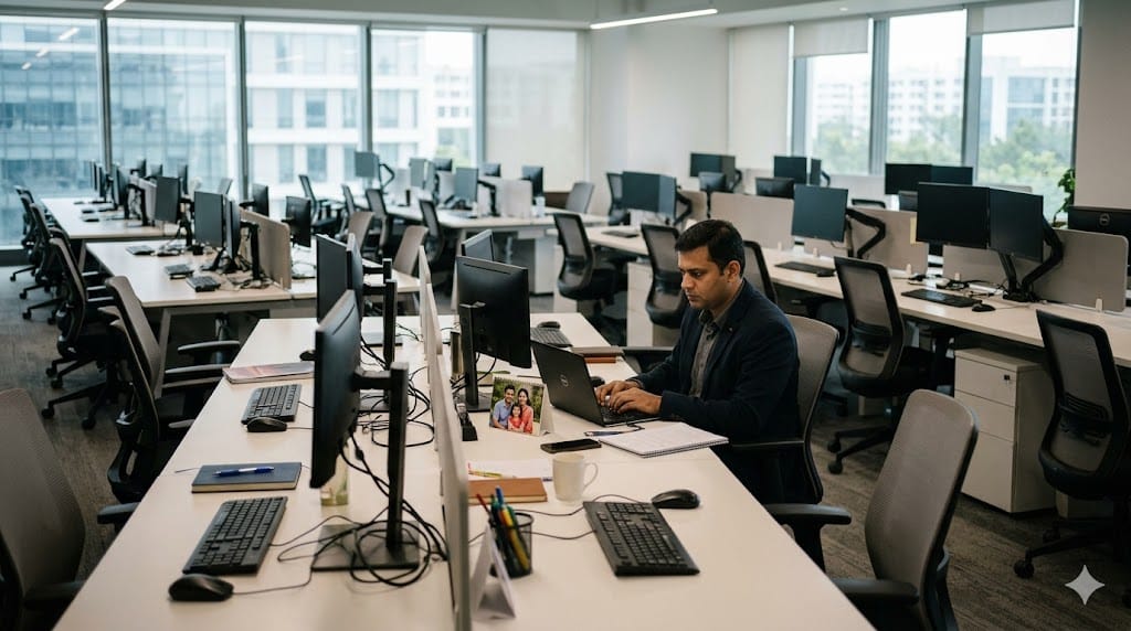 empty office desks with one occupied workstation symbolizing shortage of engineering executives in hiring market