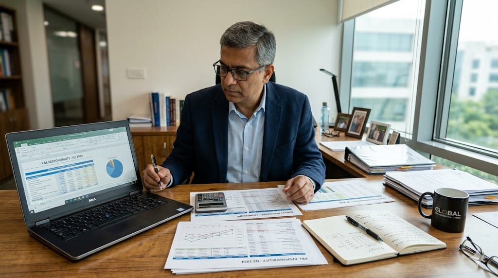 engineering executive reviewing financial reports and budget charts showing profit and loss responsibility