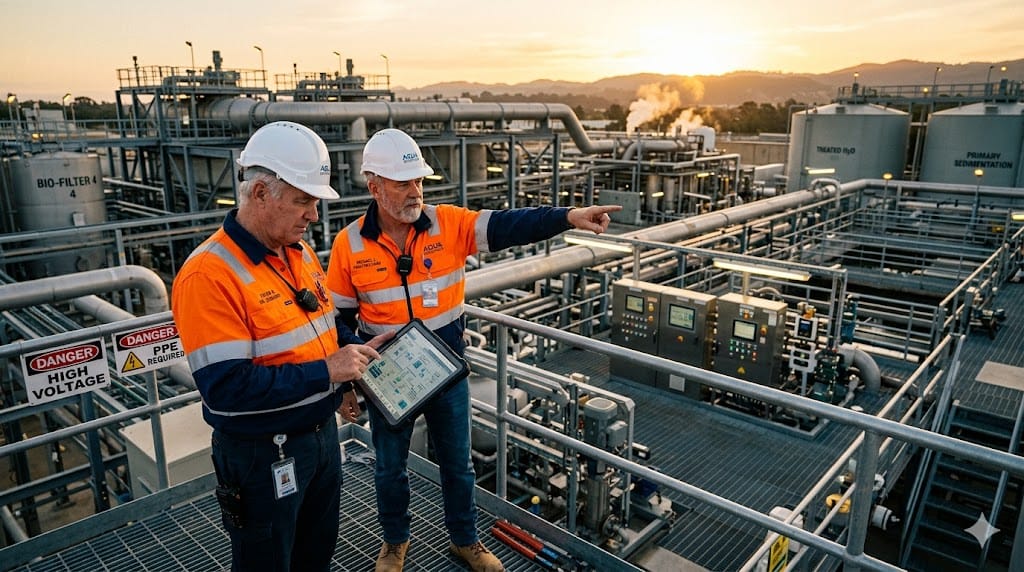 Engineering leaders discussing water and wastewater utility infrastructure at a modern treatment facility