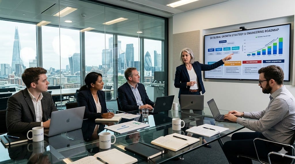 Engineering executives planning team structure for a growing company in a strategy meeting