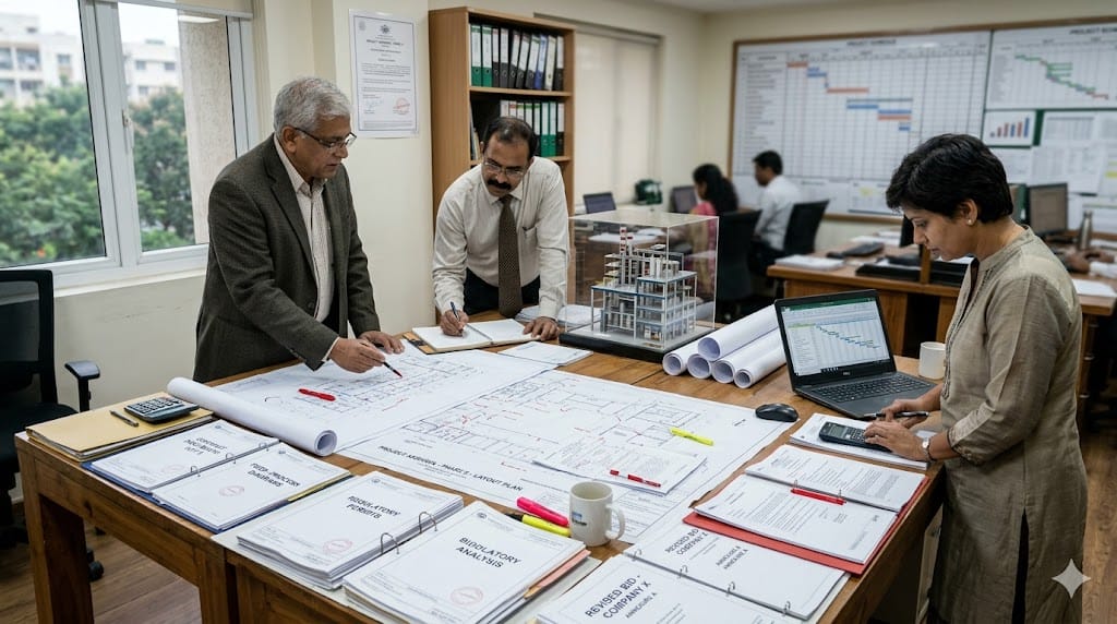 engineers reviewing large project plans contracts and scale models on table representing complex engineering projects