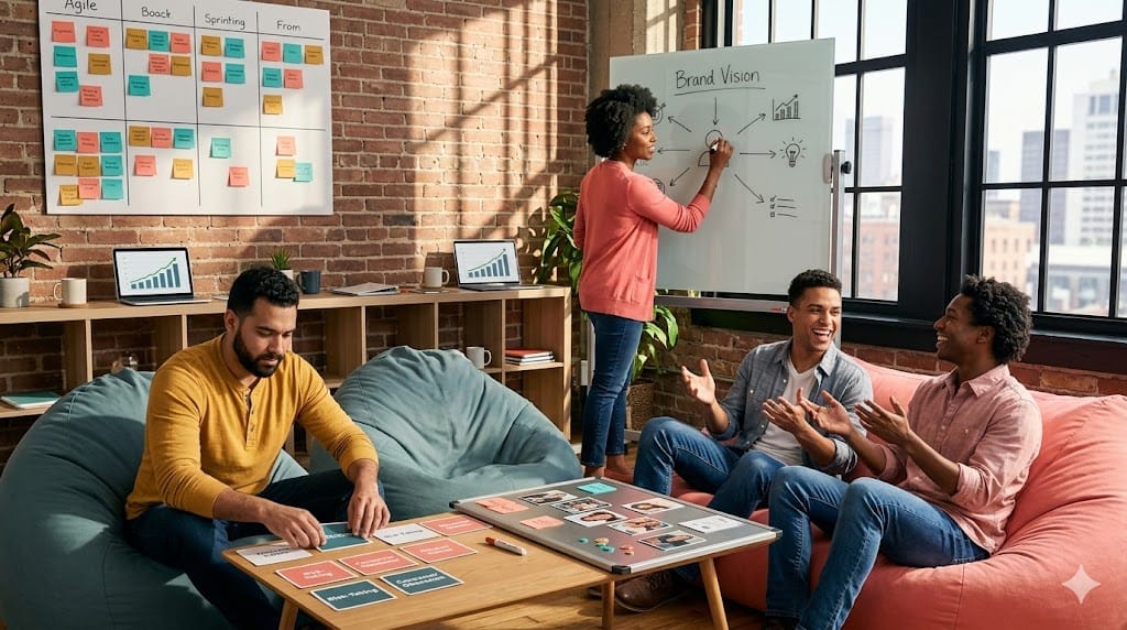 Dynamic startup studio assessment where brand builders engage in collaborative cultural fit exercises amidst whiteboard sketches of growth strategies and consumer personas, featuring diverse entrepreneurial leaders evaluating alignment through real-world scenario discussions and values mapping.