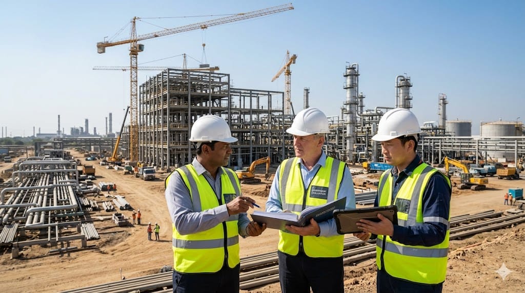 project leaders discussing large industrial construction project at EPC site with cranes and steel structures