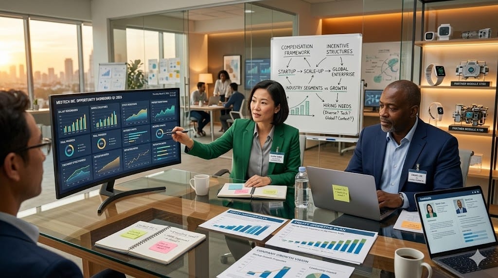 Medical technology startup leaders discussing equity ownership and company growth strategy with investors in a modern innovation office.