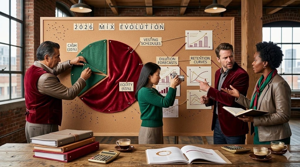 Strategic compensation modeling session where CPG executives debate equity vs cash mix evolution through physical pie charts made from colorful fabric swatches representing 2026 compensation structures (65% equity, 35% cash) pinned to a massive corkboard alongside performance vesting timelines and dilution impact calculations.