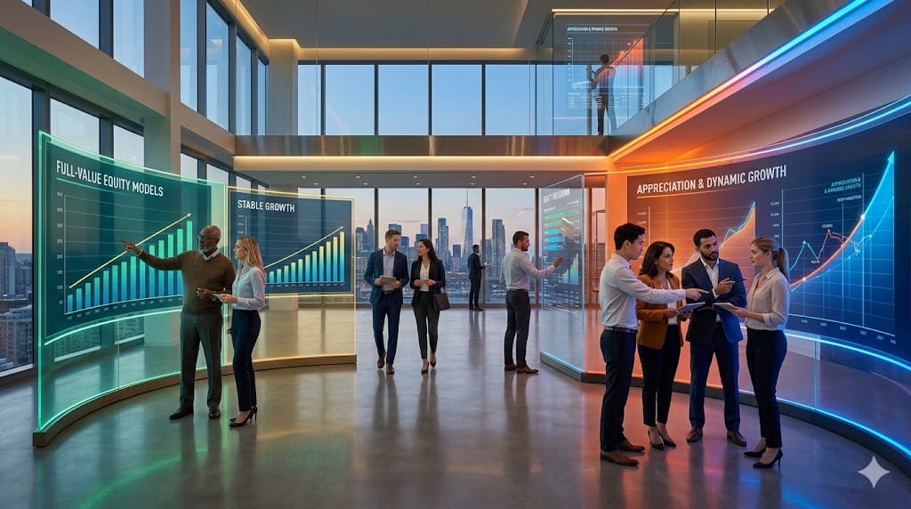 Leadership team analyzing long-term equity vehicles comparing full value and appreciation growth using dynamic visual tools in a modern corporate space