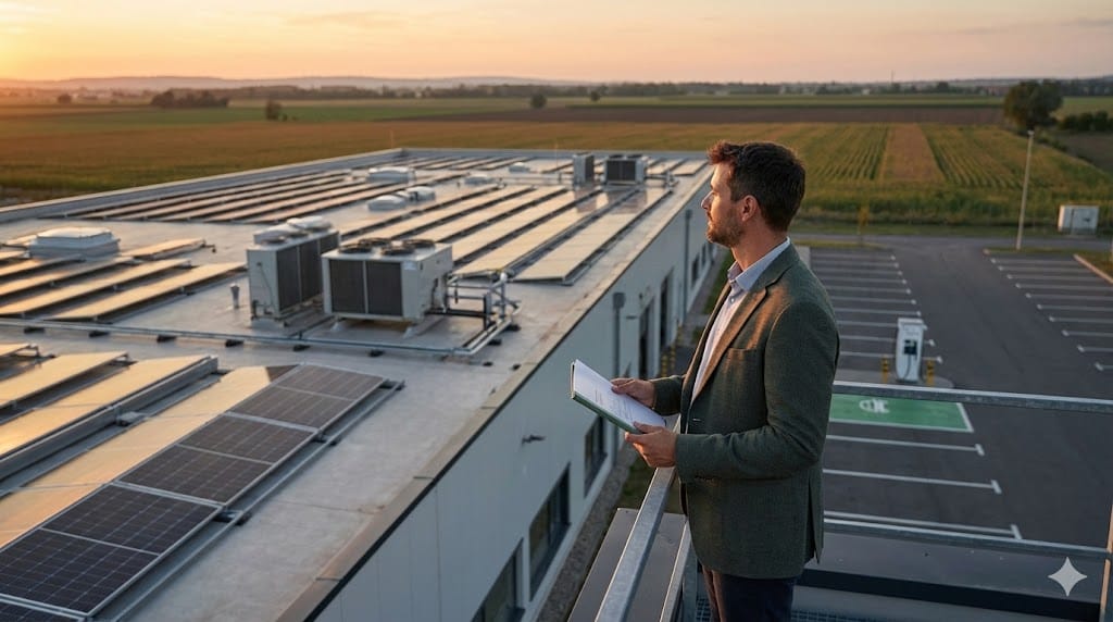 ESG executive standing on a food processing facility rooftop overlooking solar panels and surrounding farmland while reviewing sustainability performance reports.
