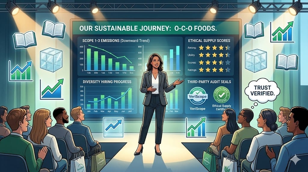 Confident executive presenting transparent ESG report to diverse consumers, with clear dashboards showing carbon reductions, ethical metrics, and trust seals building consumer confidence in a modern forum.