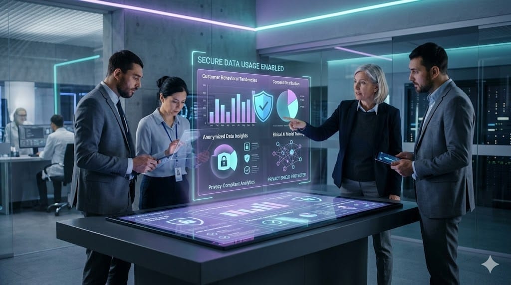 Technology leaders reviewing secure data analytics dashboard with privacy protection symbols and ethical AI indicators in modern innovation lab