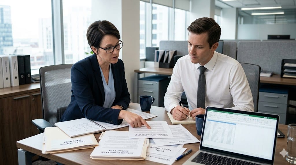 business professionals reviewing compliance documents and regulations in corporate office