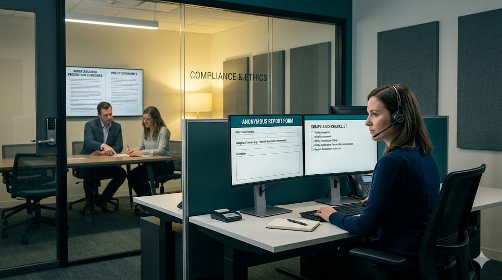 Confidential ethics hotline operator handling secure report while compliance team reviews protection policy