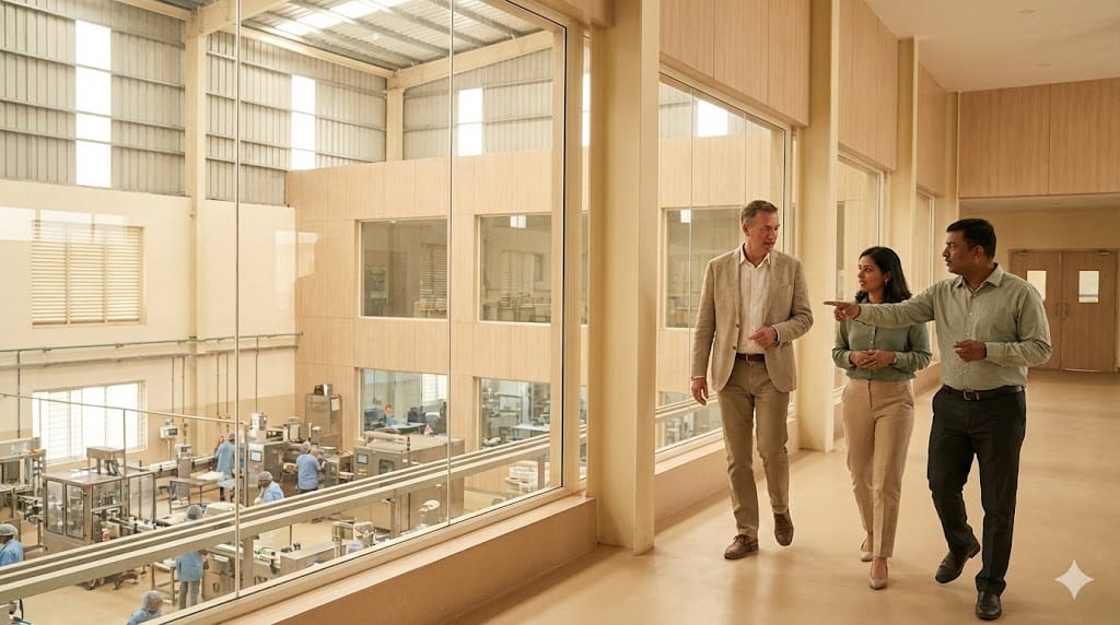 Executive candidate interacting naturally with a leadership team inside a modern food production facility, reflecting cultural fit and industry alignment.