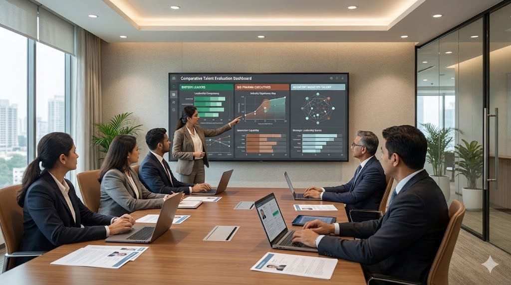 Executive search consultants comparing leadership candidates from biotech, big pharma, and adjacent industries using a strategic talent analysis dashboard.