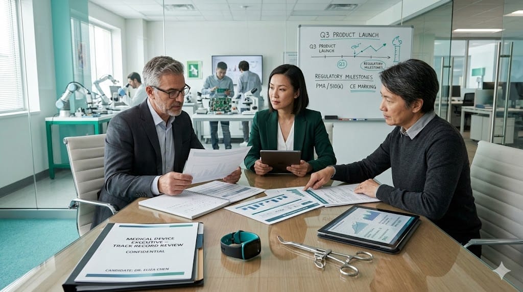 Hiring committee reviewing a medical device executive’s leadership performance metrics with clinical product prototypes and regulatory approval documents on a conference table.