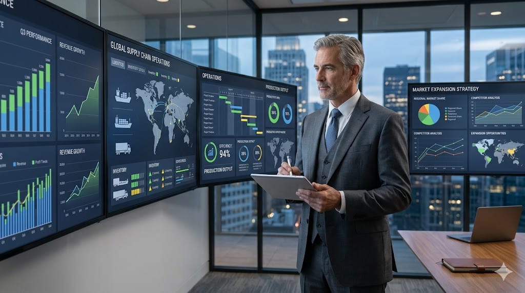 Senior executive reviewing finance, operations, and supply chain dashboards showing evolving CEO skill set and cross-functional leadership alignment