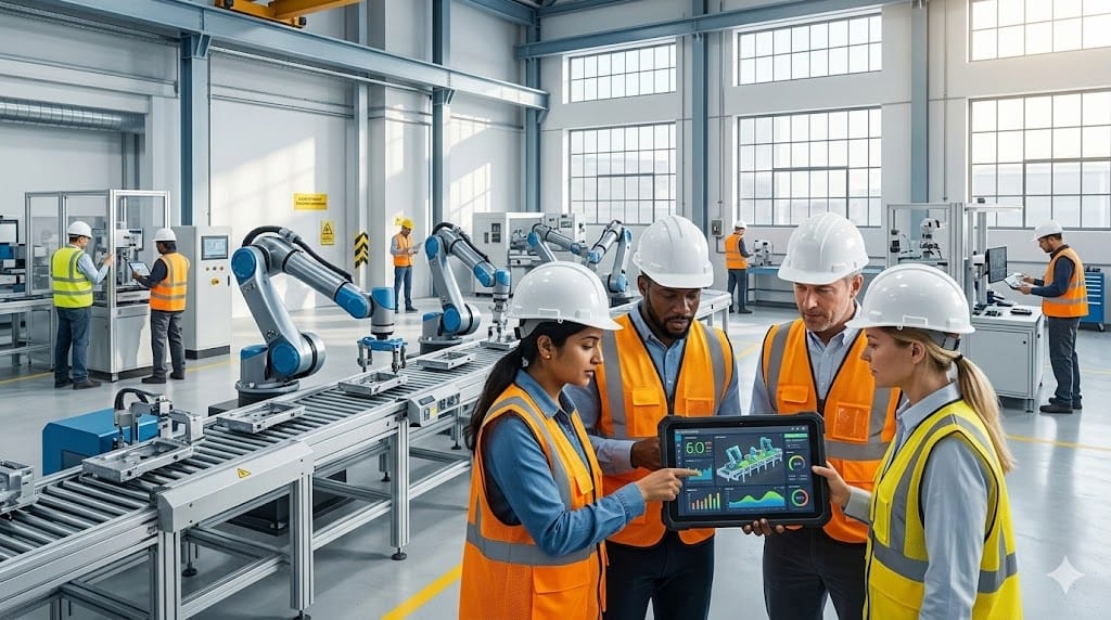 A realistic, eye-level shot of a modern, high-tech contract manufacturing facility with a split focus: one side shows a traditional assembly line, while the other reveals a futuristic, automated line with digital twins and IoT sensors. In the foreground, a diverse team of engineers and operations leaders in safety gear are reviewing a tablet displaying real-time supply chain data. The lighting is bright and even, highlighting the blend of physical machinery and digital integration. The palette should be a sophisticated mix of cool metallics, clean whites, and a pop of safety orange, avoiding sterile blues.