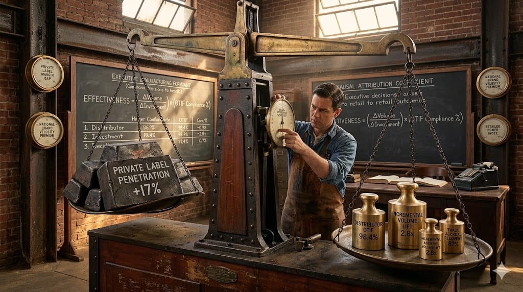 Vintage industrial scale house where CPG executives calibrate massive brass balances measuring "Private Label Share Erosion" against "National Brand Defense Lift"—weights stamped with "OTIF 98.4%," "Trade Spend ROI 3.2x," and "Category Growth Attribution" while analog dials track executive impact beyond vanity metrics.