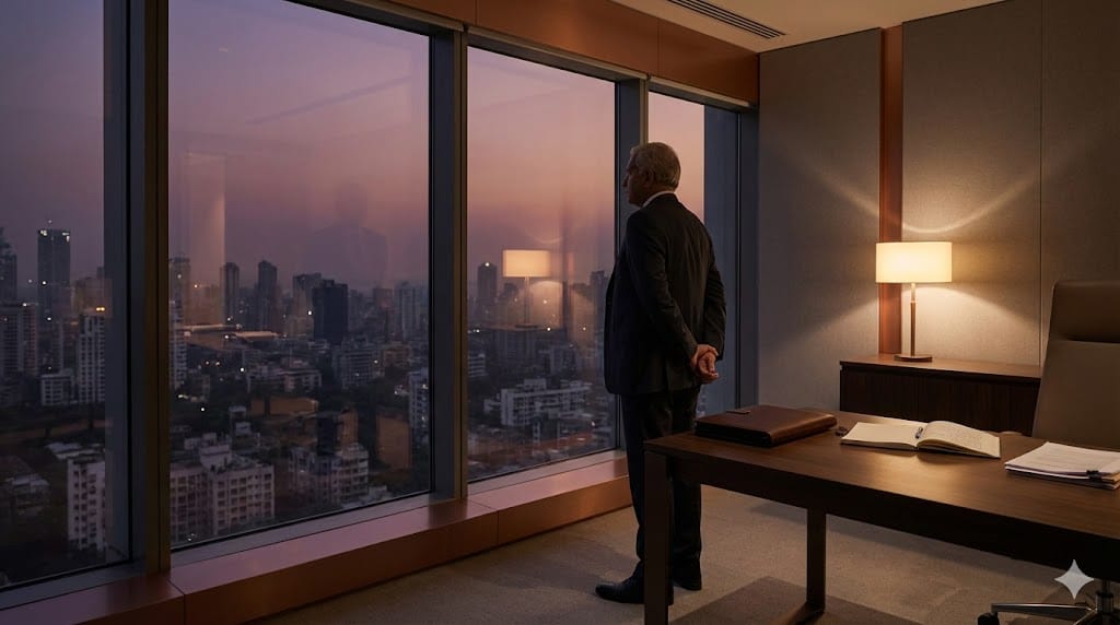 Senior executive standing alone in a large office at dusk overlooking a city skyline, reflecting on strategic decisions and organizational responsibility.