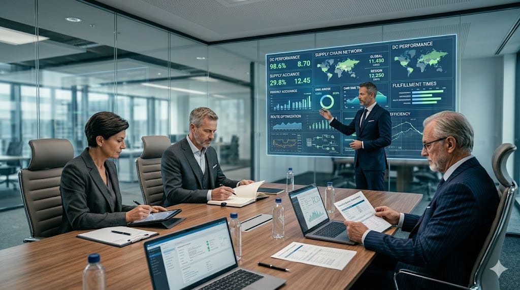 Executive candidate presenting technical and behavioral strategy to evaluation panel with performance charts and operational diagrams on screen