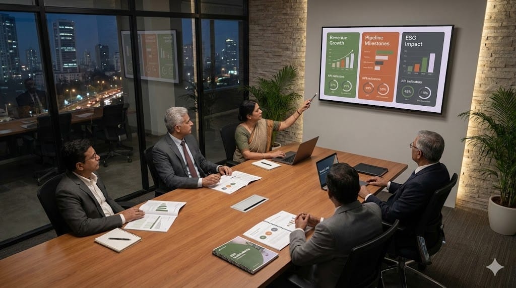 corporate executives reviewing bonus design metrics including revenue growth, product pipeline progress, and ESG performance indicators