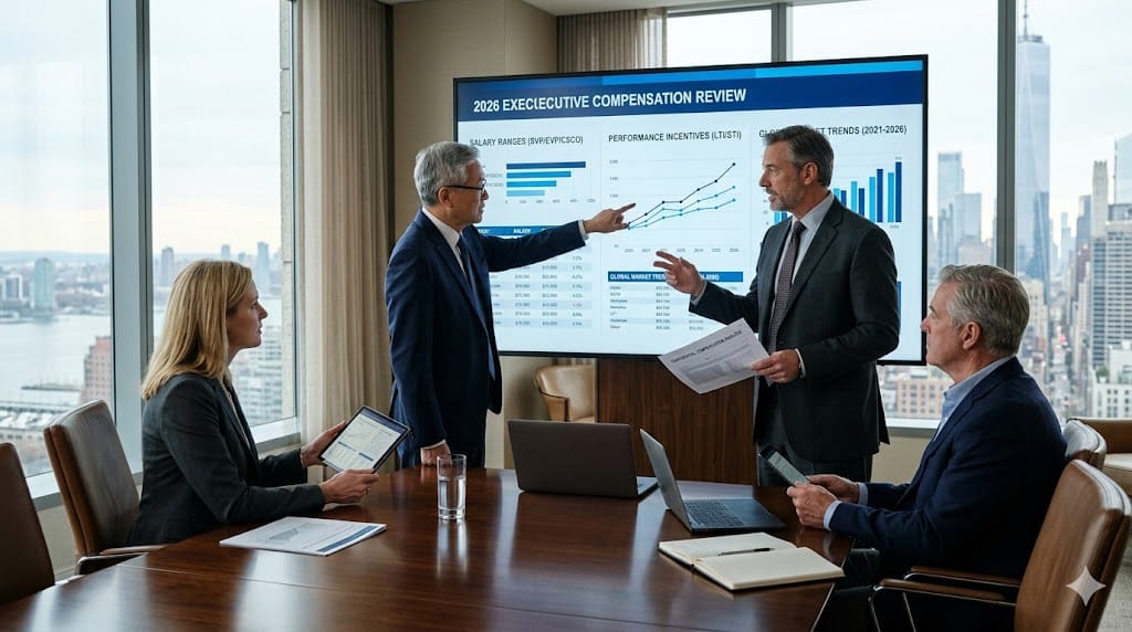 Senior executives reviewing 2026 compensation benchmarks for CSCO, EVP, SVP, and VP in a premium office